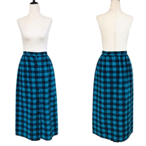 VINTAGE Blue Buffalo Plaid Button Front Midi Skirt Wool Blend 70s 80s Size‎ 2 - Picture 1 of 13